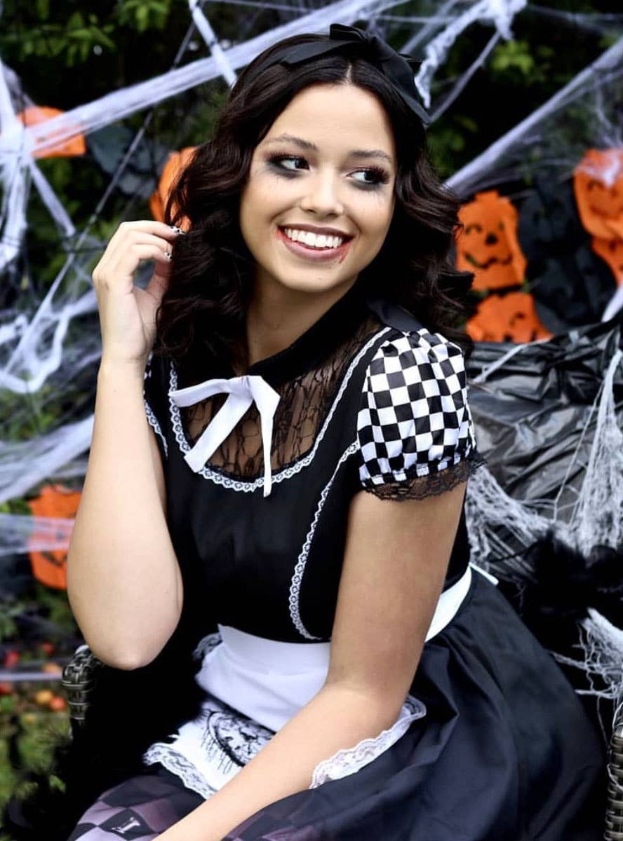 Women's Dark Gothic Alice In Wonderland Halloween Black And White Fancy Dress Costume Lifestyle Image
