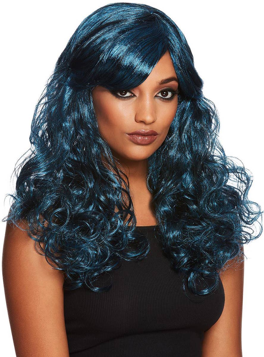 Image of Long Curly Blue and Black Seductress Women's Costume Wig