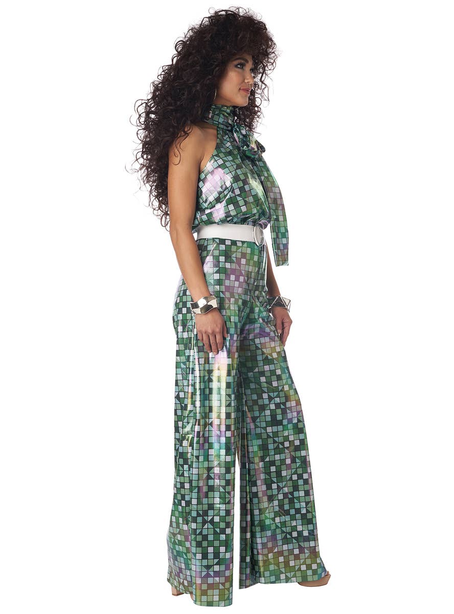 970's Two Piece Chequered Green Womens Disco Costume - Side  Image