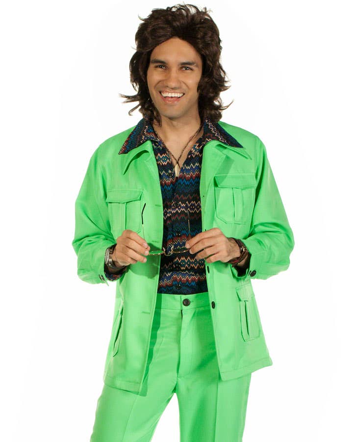 70s Disco Mens Lime Green Leisure Suit - Close Image