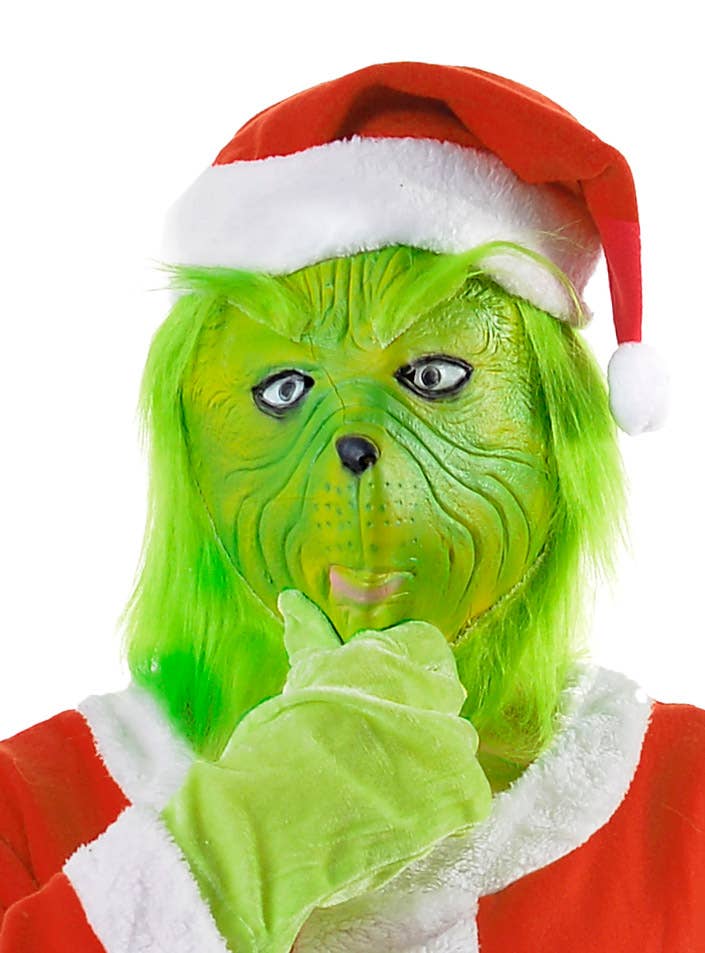 Image of Deluxe Full Head Green Grinch Christmas Costume Mask - With Hat Image