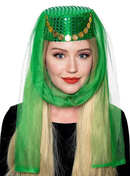Green Veiled Arabian Harem Women's Pill Box Costume Accessory Hat