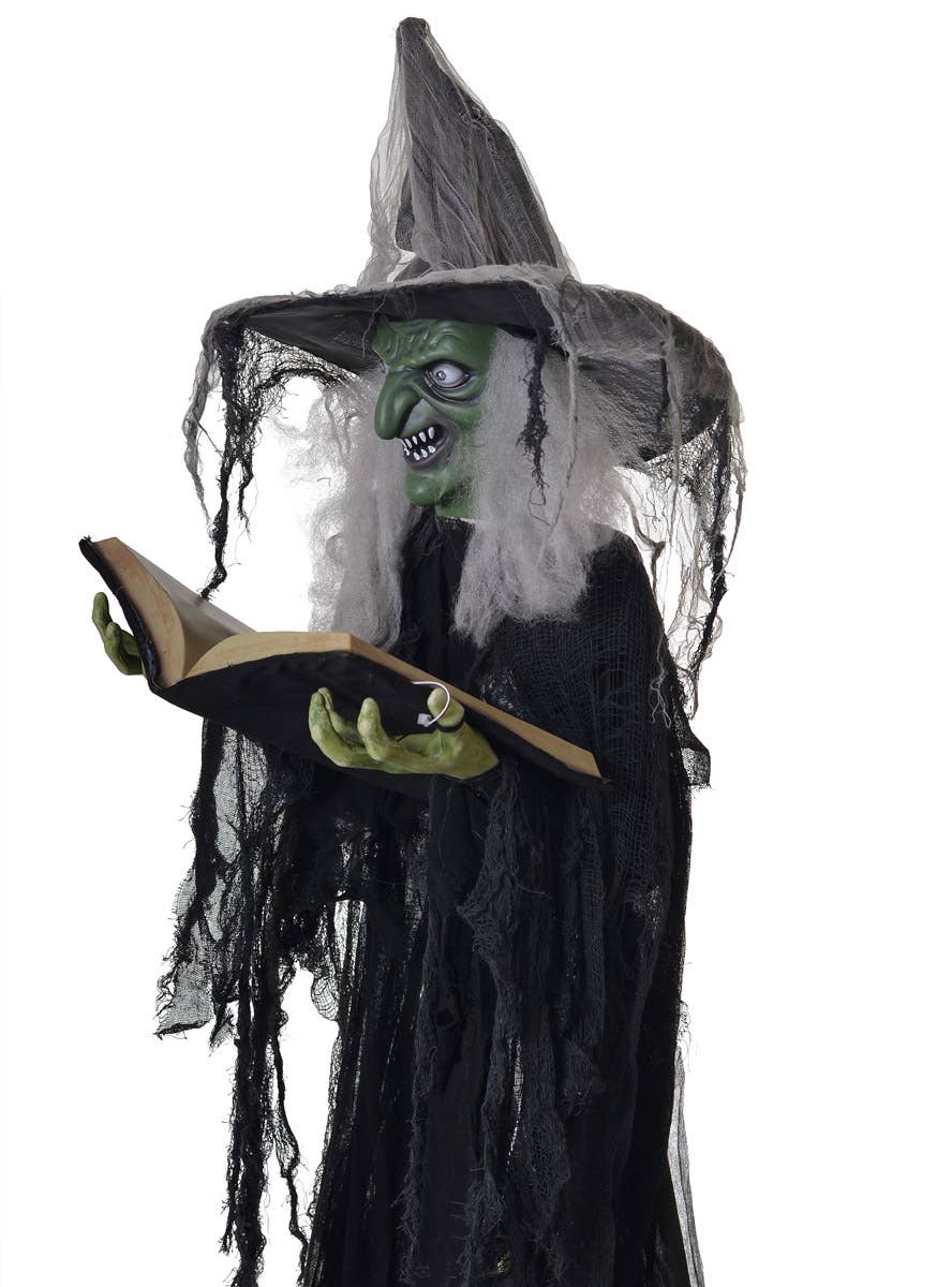 Animated Light Up Life Size Green Face Witch with Spell Book  Halloween Decoration - Side Image