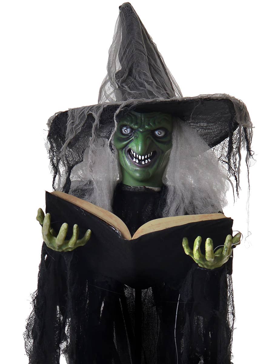 Animated Light Up Life Size Green Face Witch with Spell Book  Halloween Decoration - Close Image