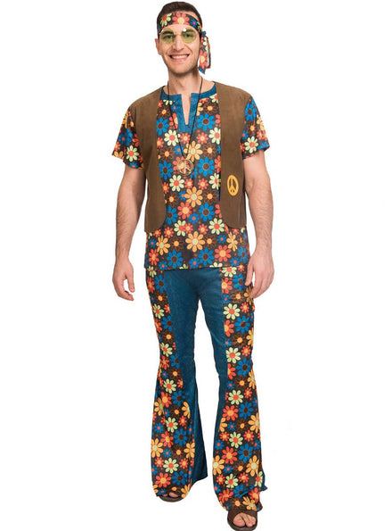 Brown Flower Power Groovy Hippie Mens Costume