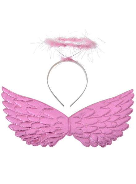 Mini Metallic Pink Angel Costume Wings with Halo