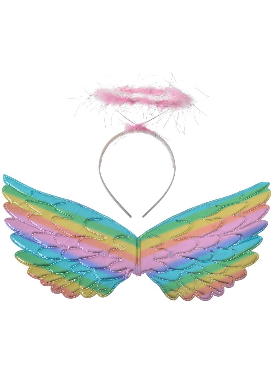 Mini Metallic Pastel Rainbow Angel Costume Wings with Halo