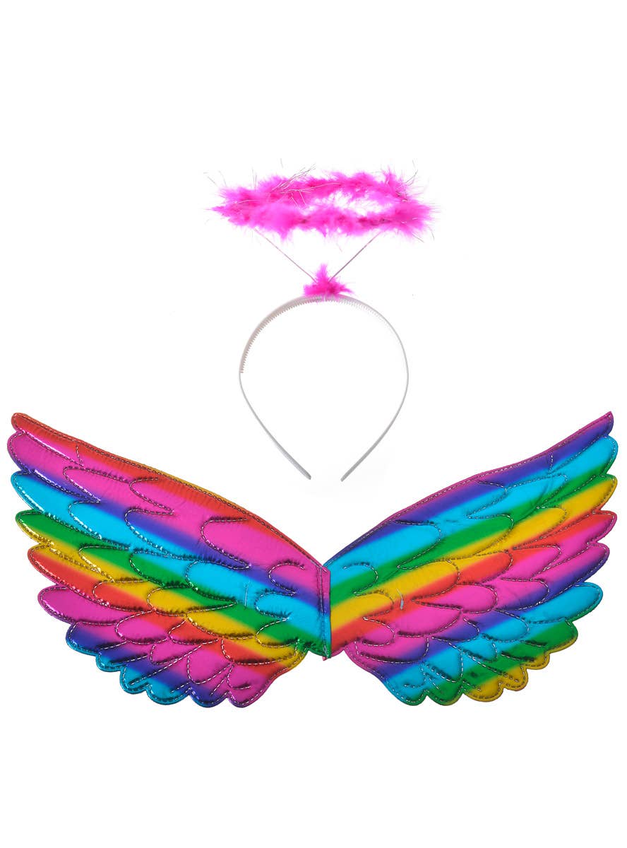 Mini Metallic Rainbow Angel Costume Wings with Halo