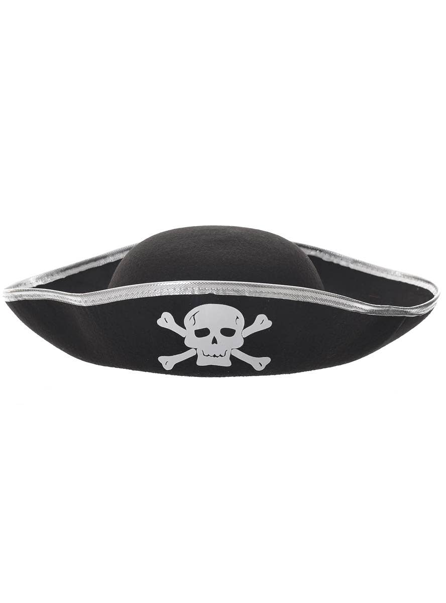 Black Felt Pirate Tricorn Costume Hat with Skull and Crossbones Print