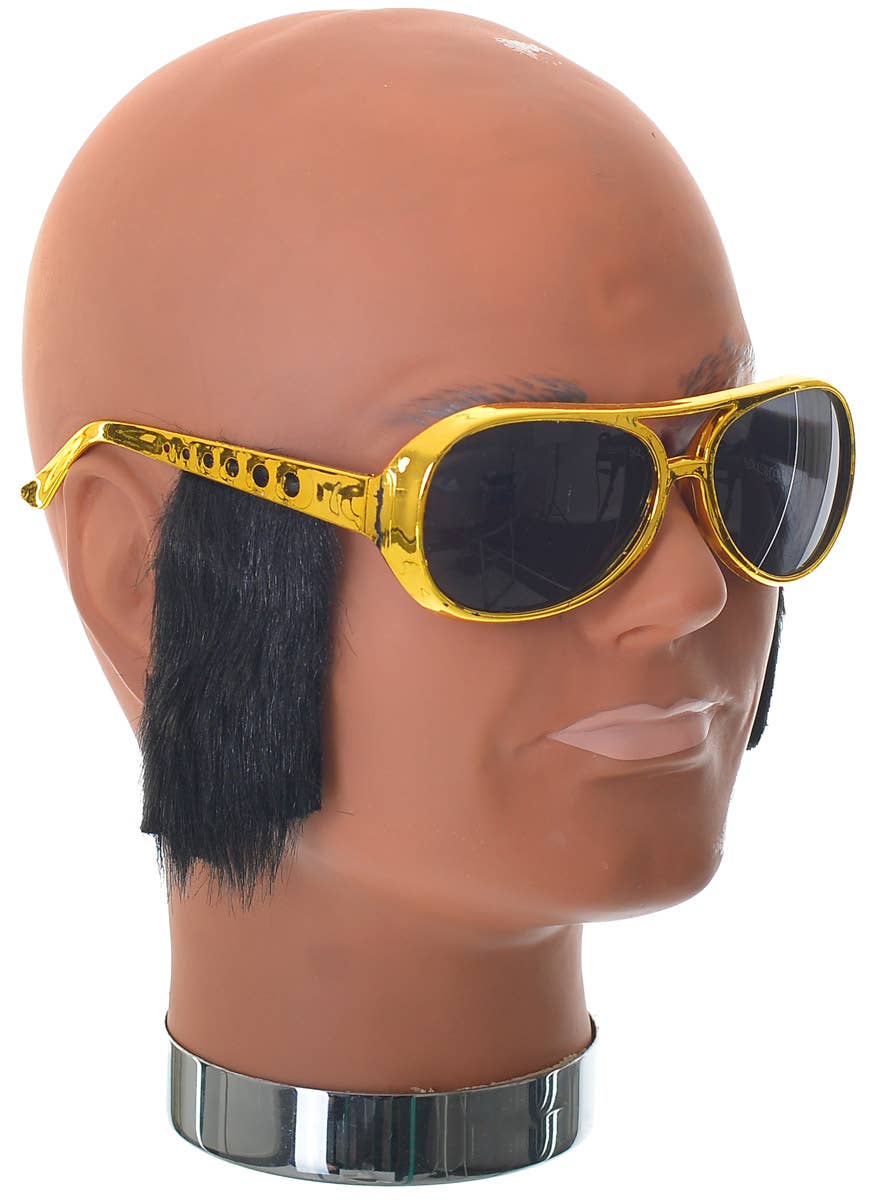 Gold Frame Elvis Glasses with Black Sideburns and Tinted Lenses