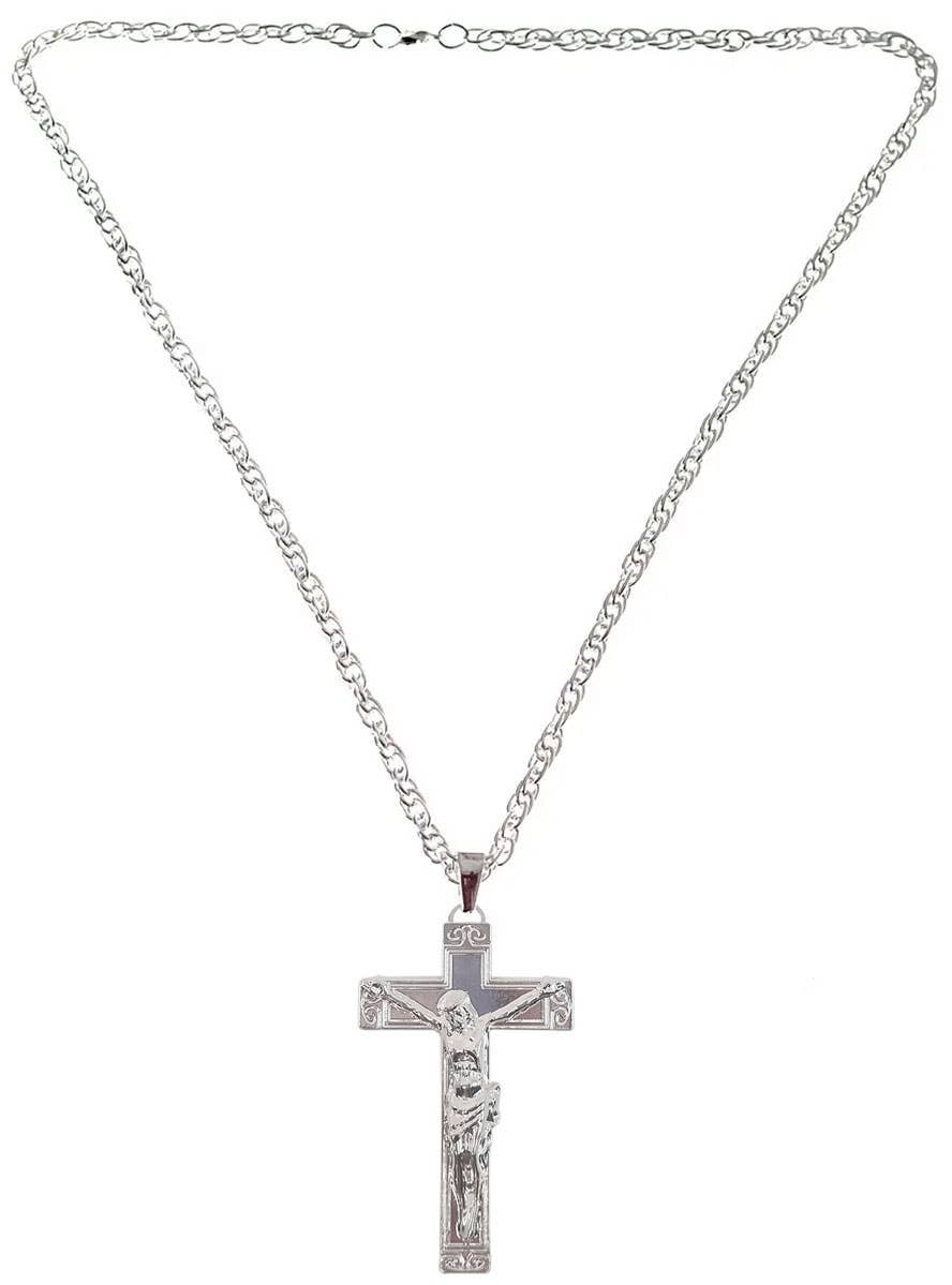 Silver Metal Crucified Jesus on Cross Costume Necklace