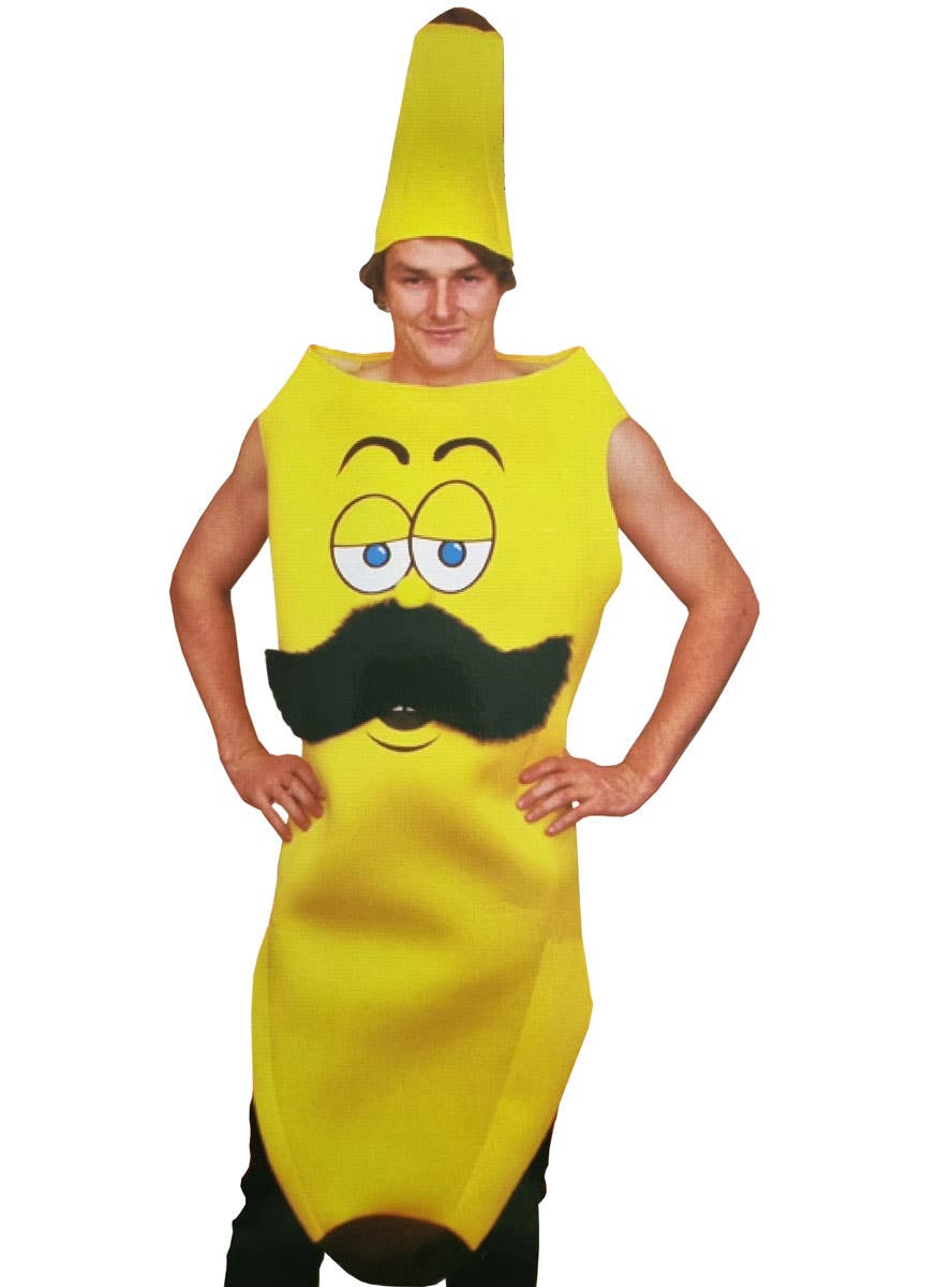 Image of Funny Costume Funny Yellow Banana With Moustache Adult's Costume - Alternate Image