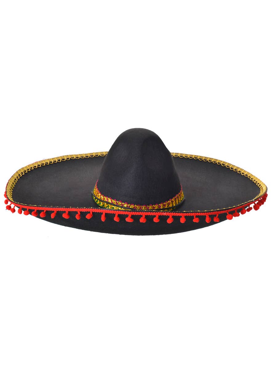 Large Black Felt Mexican Sombrero with Red Trim