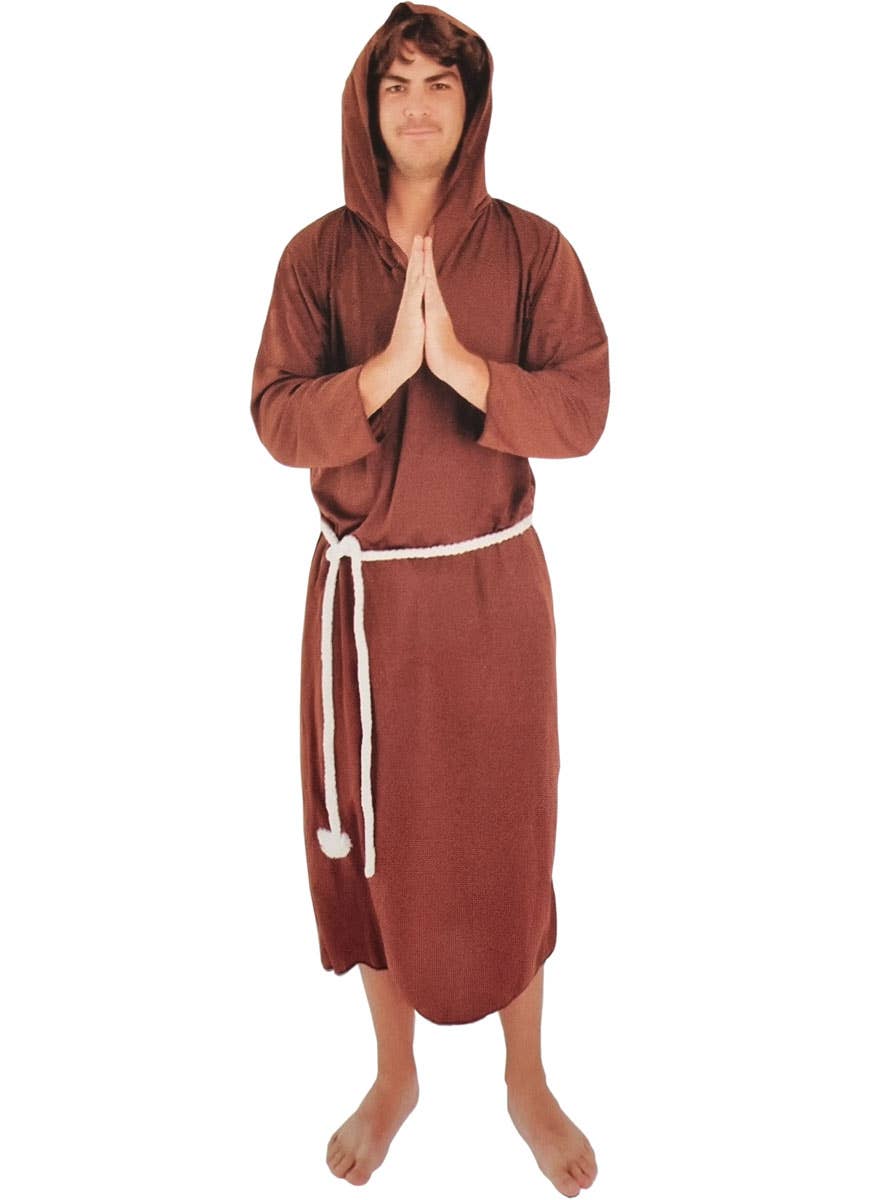  Long Brown Hooded Religious Monk Robe Mens Costume - Full View