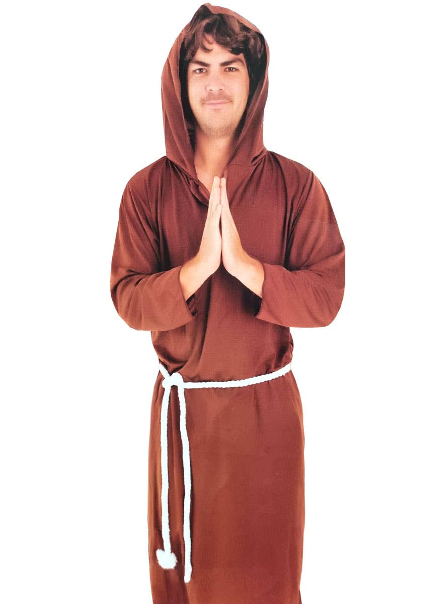  Long Brown Hooded Religious Monk Robe Mens Costume - Close View