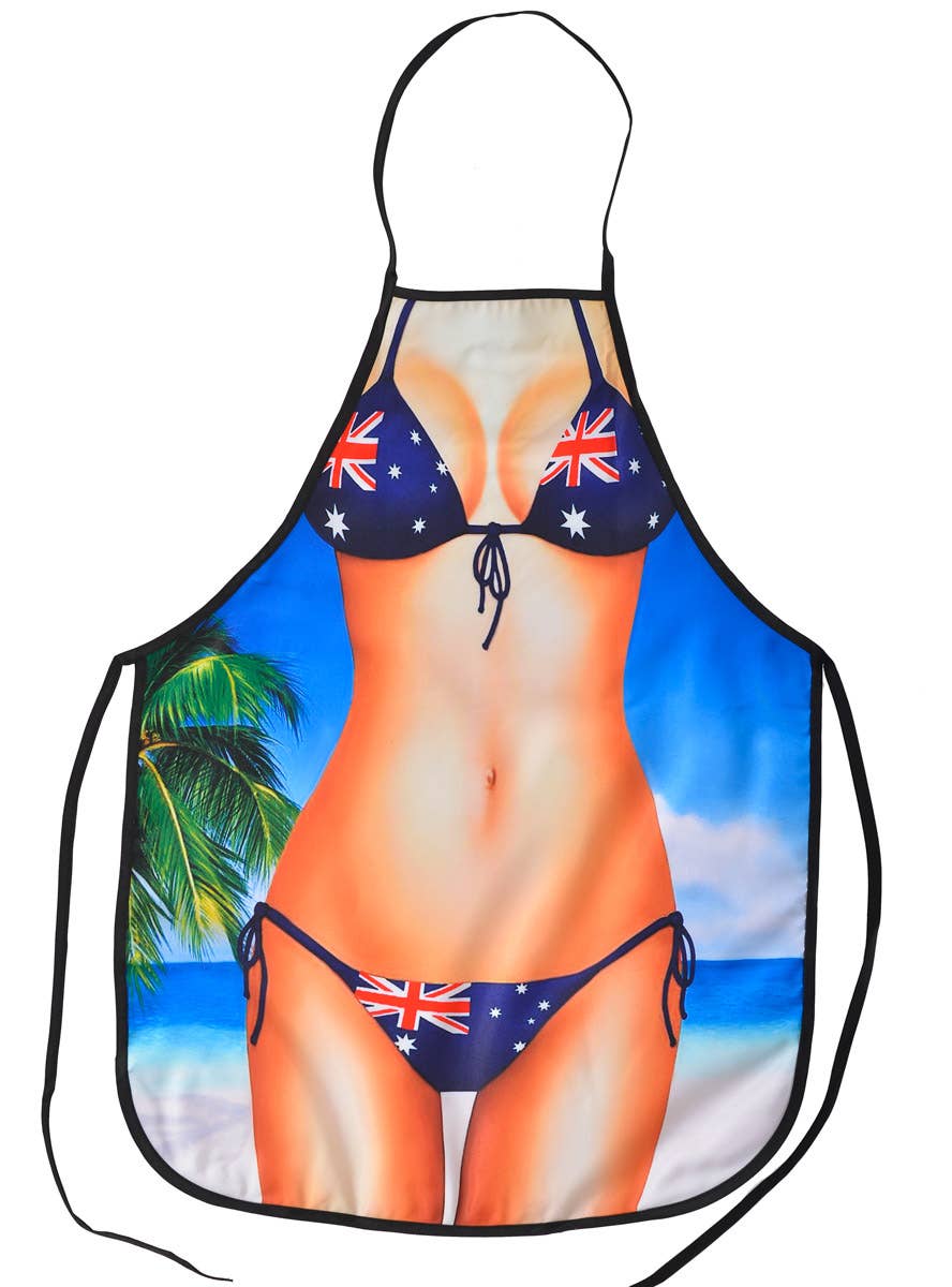 Hilarious Tanned Woman  in Australian Flag Print Bikini Costume Apron