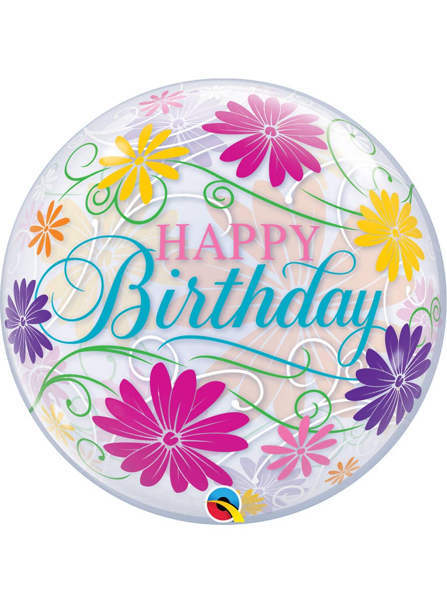 Image of Happy Birthday Floral Print 55cm Clear Bubble Balloon