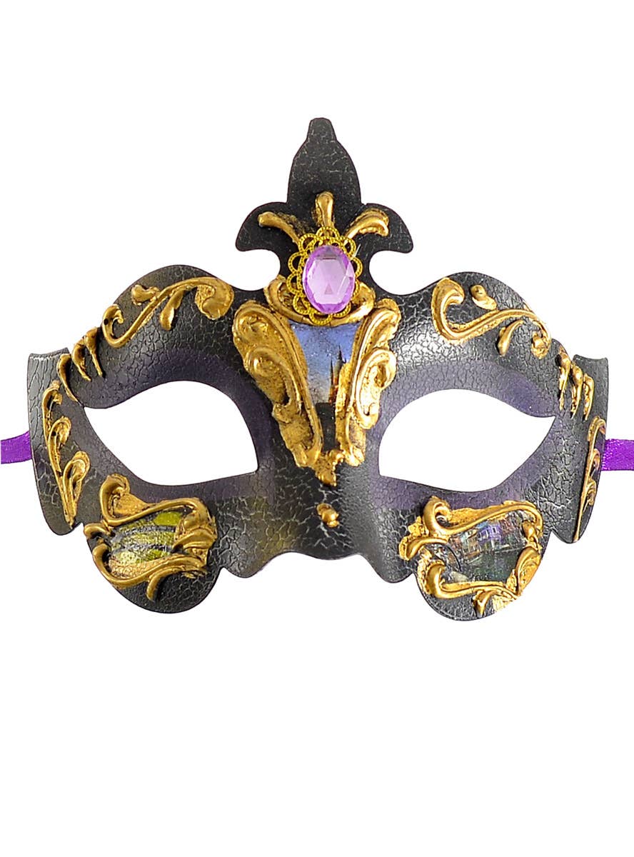 Gold and Purple Crackle Charcoal Baroque Masquerade Mask 