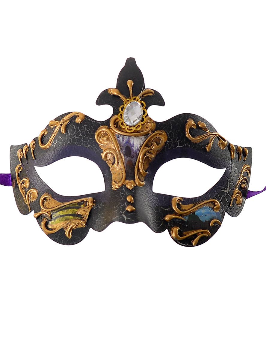 Gold Crackle Charcoal Baroque Masquerade Mask 