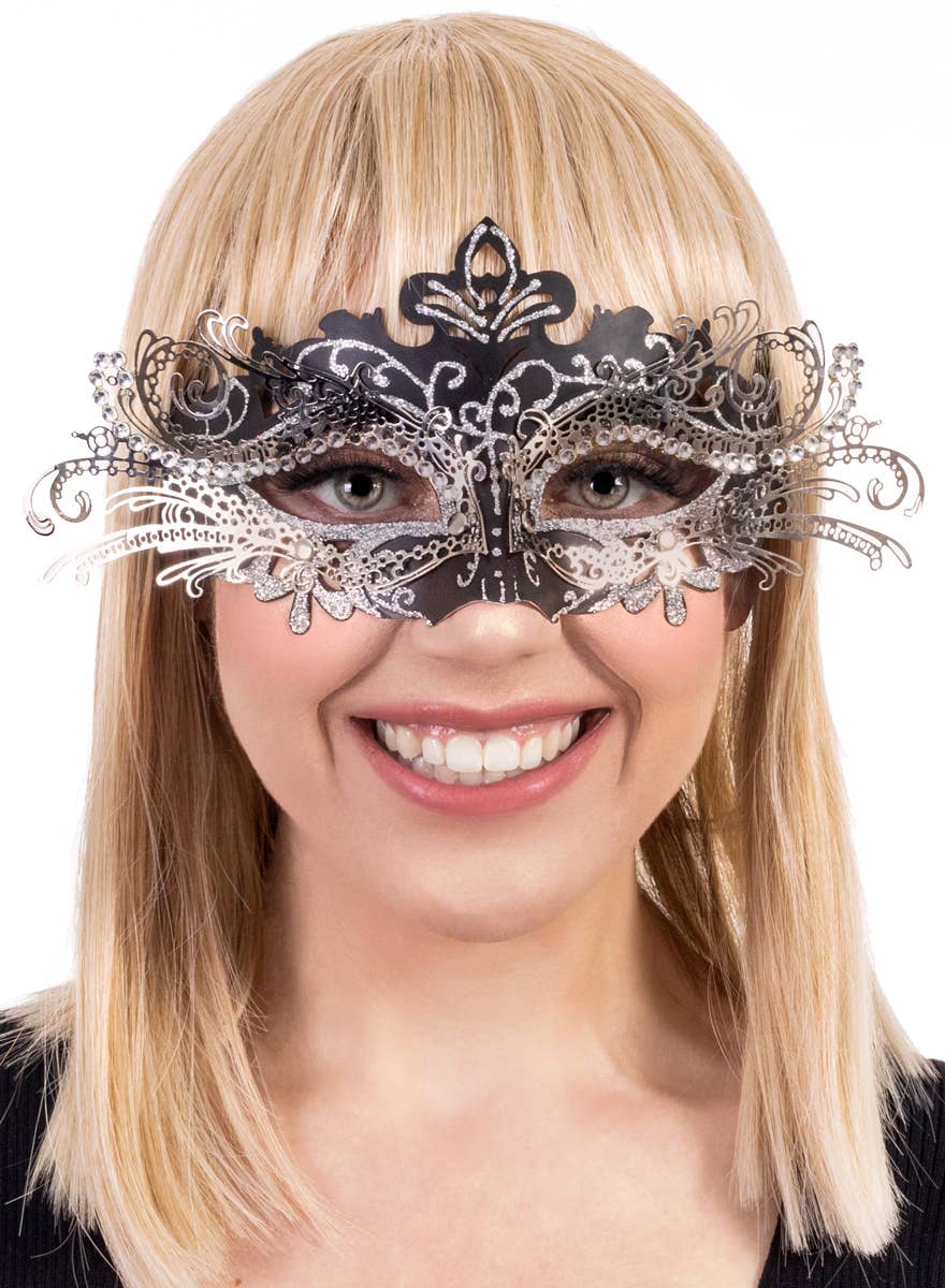 Womens Black Masquerade Mask with Silver Metal Overlay and Rhinestones