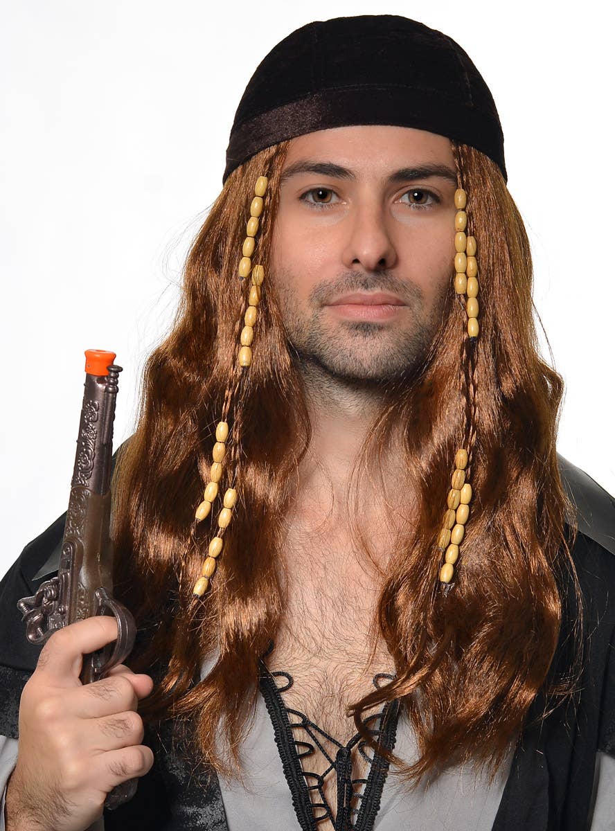 Image of Long Brown Men's Beaded Hippie Costume Wig - Pirate View