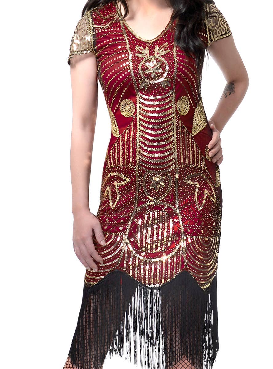 Women's Burgundy Red and Gold Sequined Gatsby Dress Costume Close Up Image