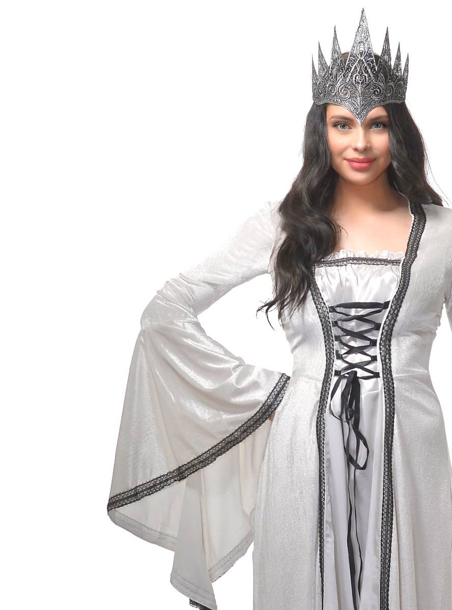 Women's Long White Velvet Deluxe Medieval Costume Close Up Image