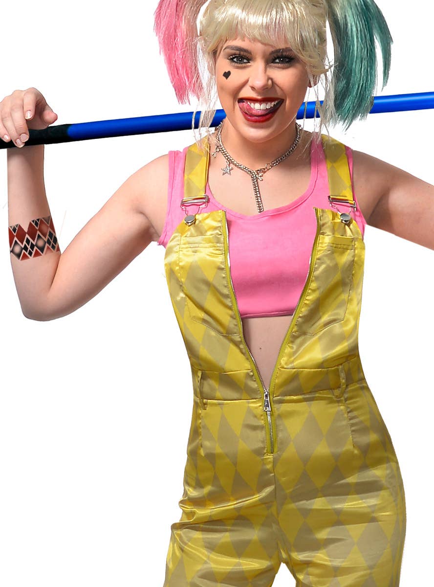 Women's Birds of Prey Harley Quinn Yellow Overalls Costume Close Image