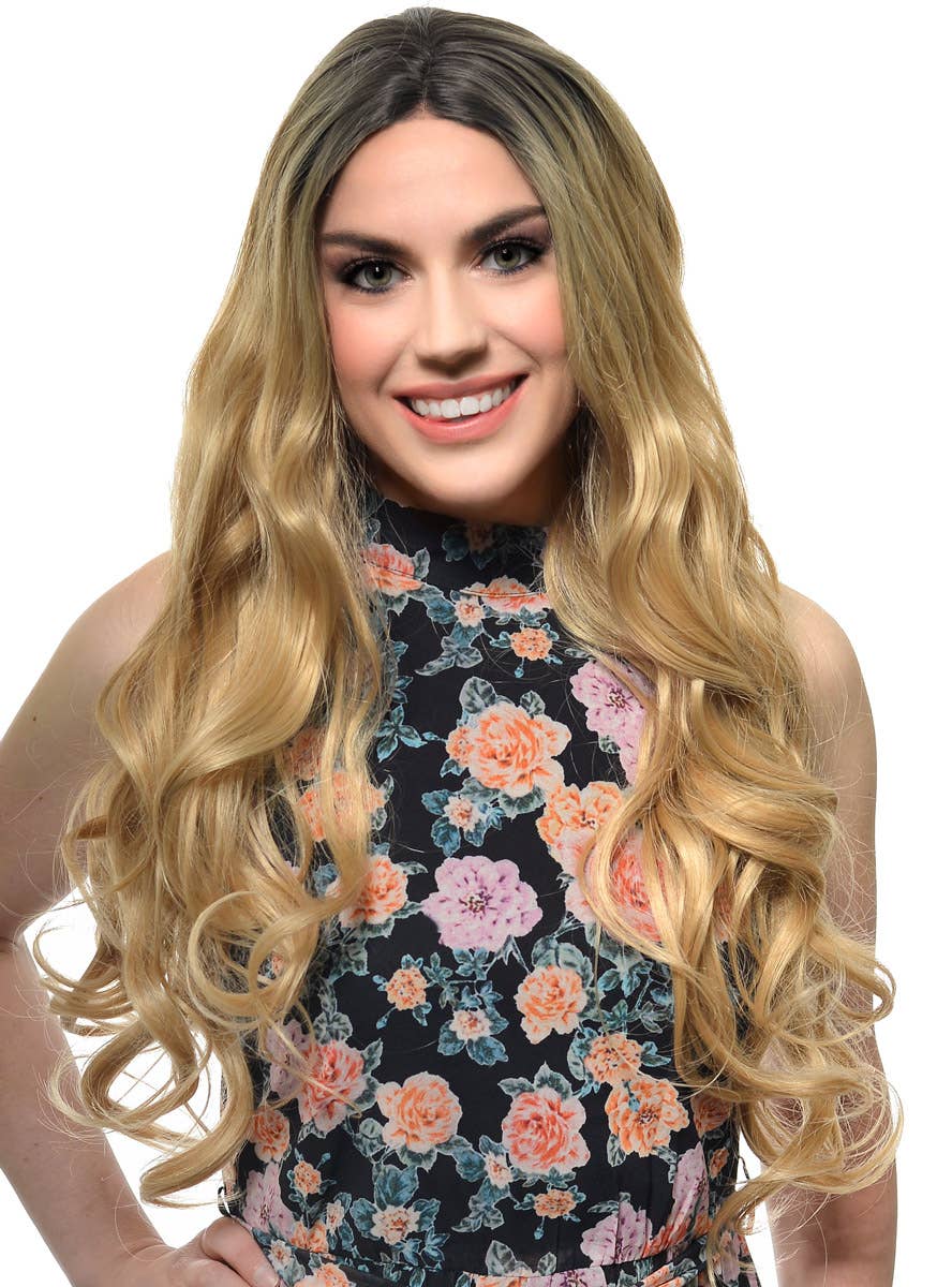 Womens Long Golden Blonde Rooted Curly T-Part Lace Front Fashion Wig - Front Image