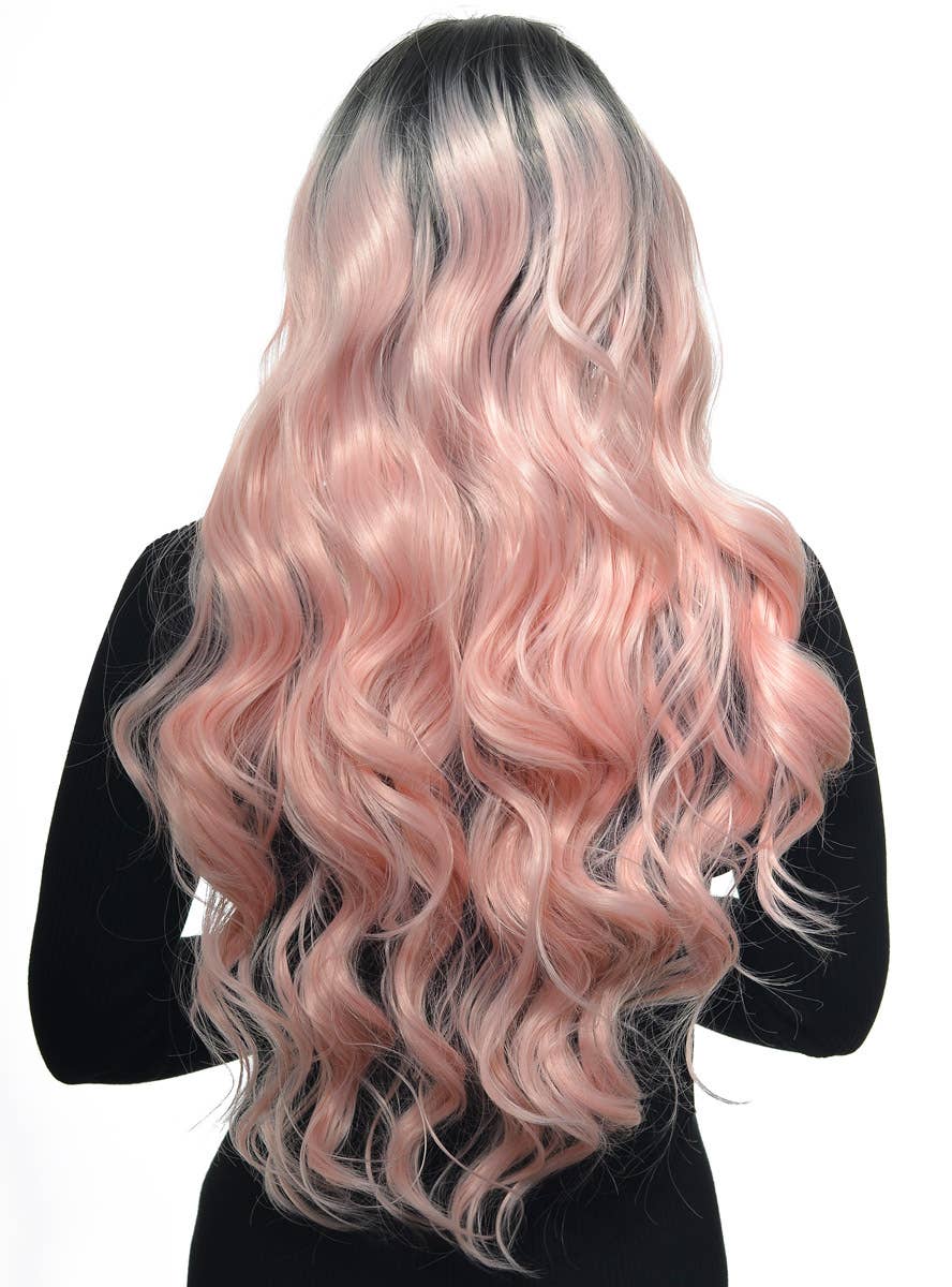 Light Pastel Pink Womens Long Curly Lace Front Fashion Wig with Black Roots - Back Image