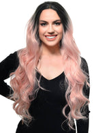 Light Pastel Pink Womens Long Curly Lace Front Fashion Wig with Black Roots - Front Image