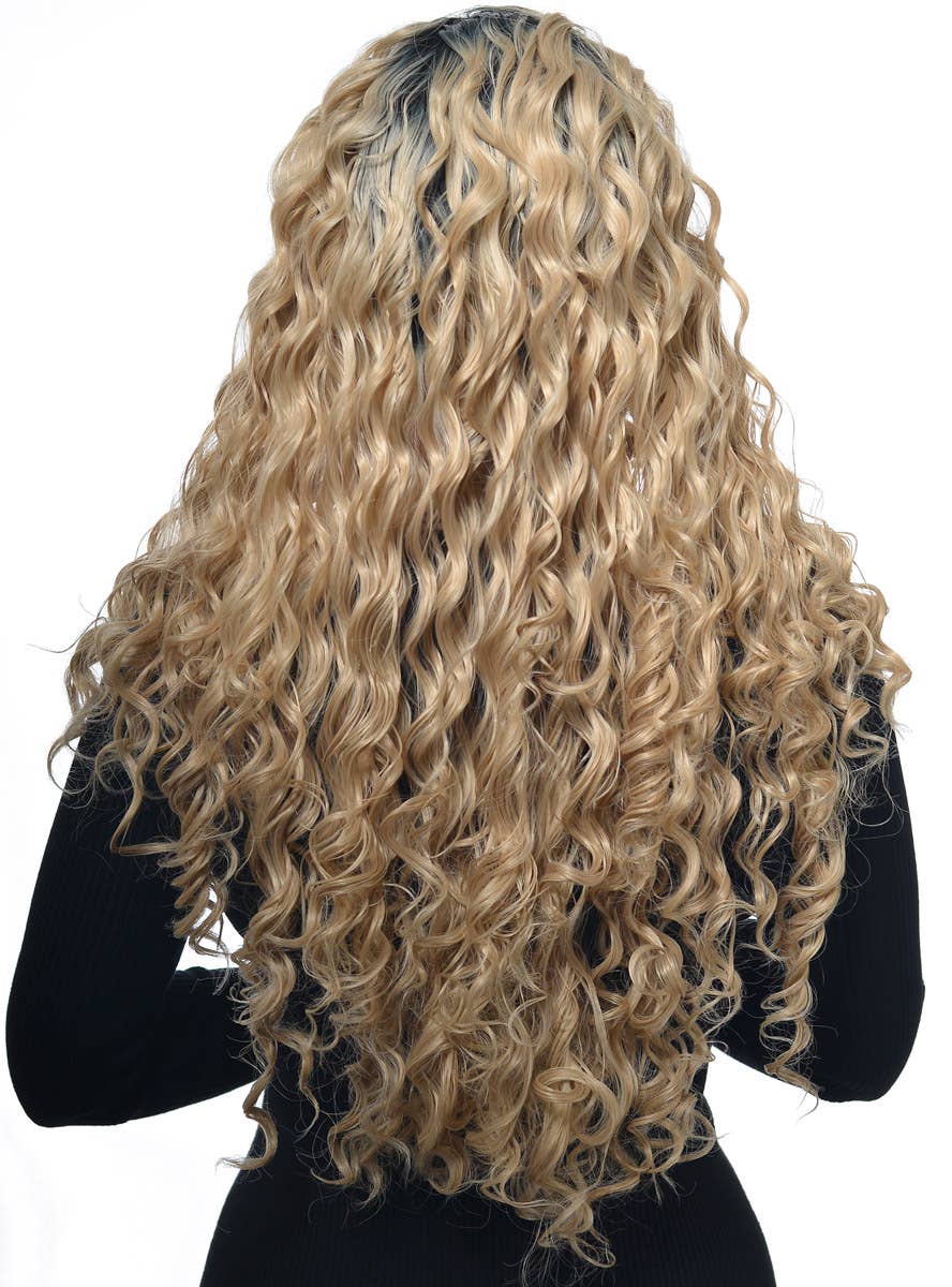 Womens Warm Blonde Spiral Curl Fashion Wig with Lace and Dark Roots - Back Image