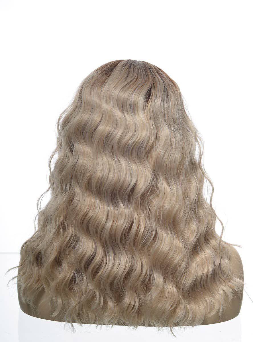 Mid-Length Womens Ash Blonde Wavy Synthetic Fashion Wig with Brown Roots and Lace Front - Back Dummy Image