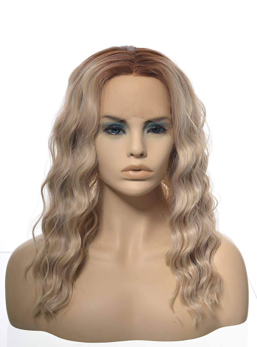 Mid-Length Womens Ash Blonde Wavy Synthetic Fashion Wig with Brown Roots and Lace Front - Front Dummy Image