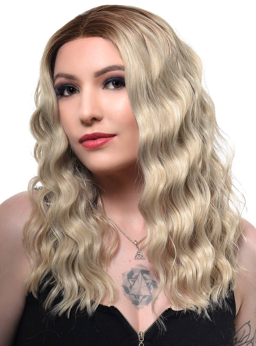 Mid-Length Womens Ash Blonde Wavy Synthetic Fashion Wig with Brown Roots and Lace Front - Side Image