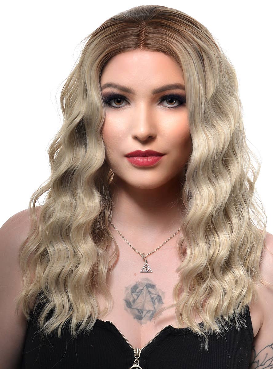 Mid-Length Womens Ash Blonde Wavy Synthetic Fashion Wig with Brown Roots and Lace Front - Front Image