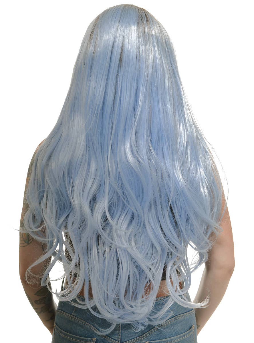 Womens Long Pastel Blue Wavy Synthetic Fashion Wig with T-Part Lace Front and Dark Roots - Back Image