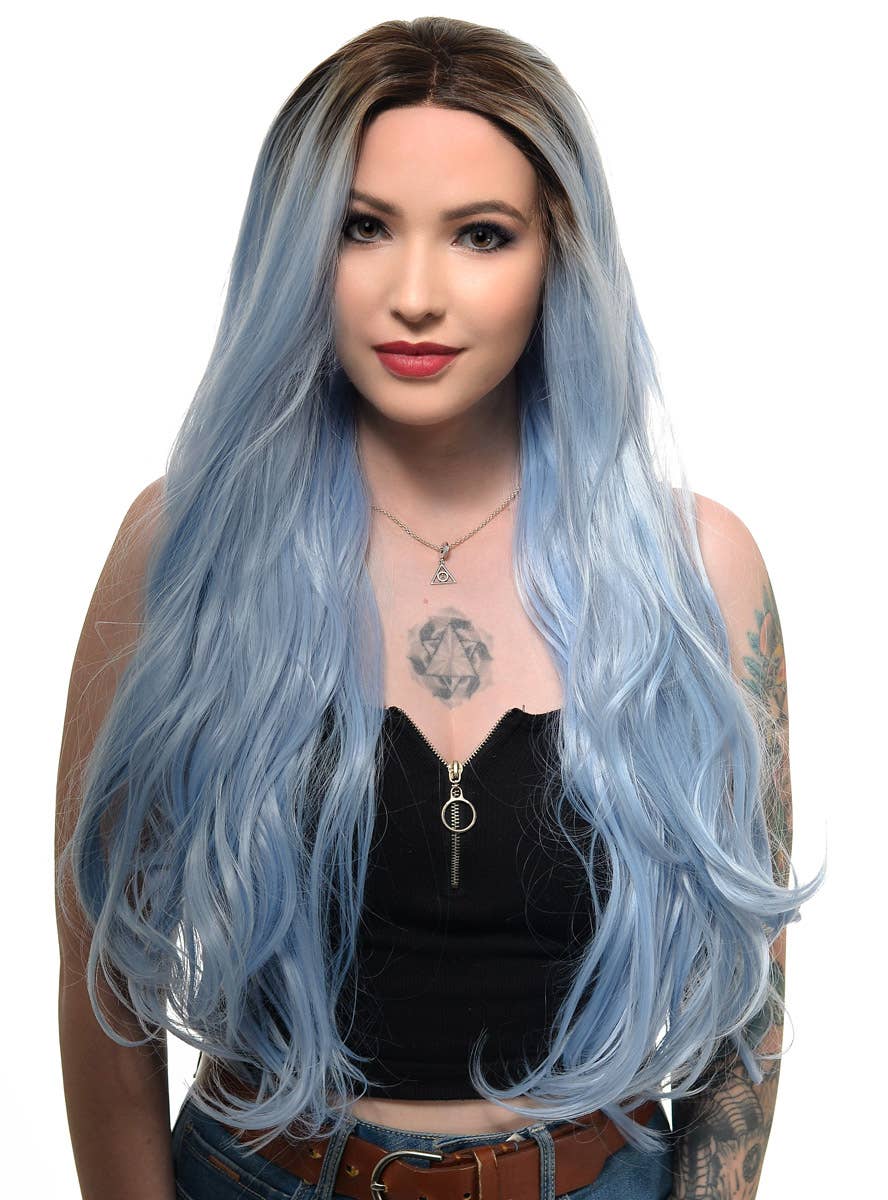 Womens Long Pastel Blue Wavy Synthetic Fashion Wig with T-Part Lace Front and Dark Roots - Front Image