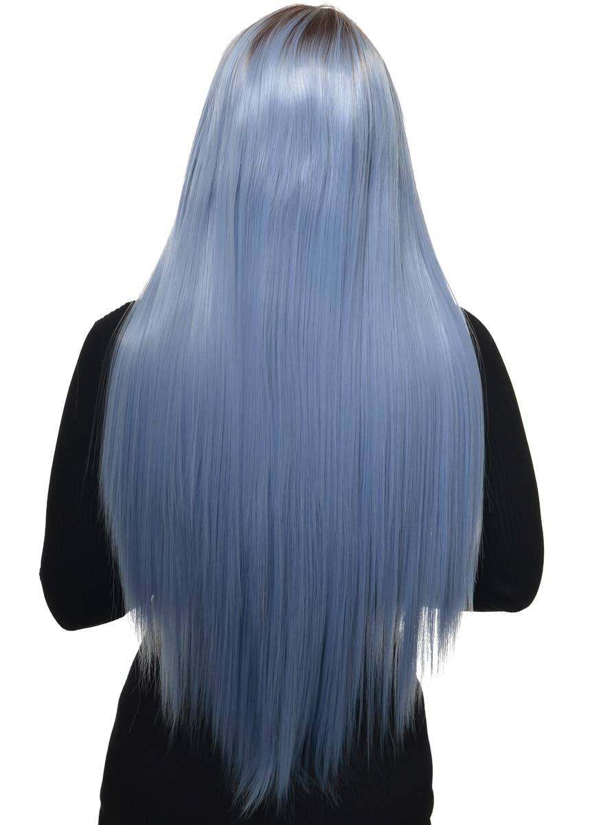 Womens Light Periwinkle Blue Long Straight Synthetic Fashion Wig with Dark Roots and T-Part Lace Front - Back Image