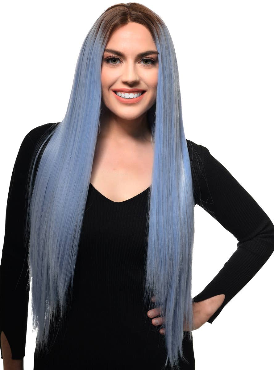 Womens Light Periwinkle Blue Long Straight Synthetic Fashion Wig with Dark Roots and T-Part Lace Front - Front Image