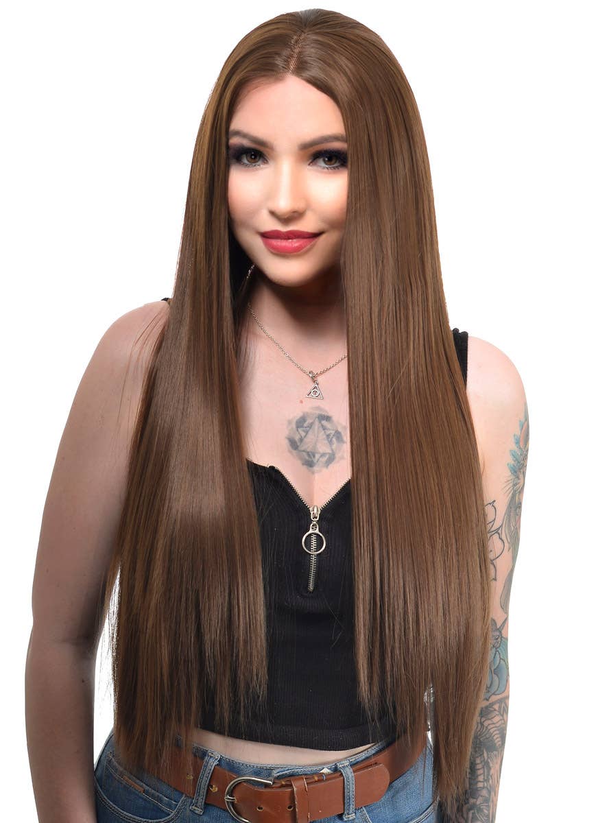 Womens Extra Long Chocolate Brown Straight T-Part Lace Front Fashion Wig - Front Image