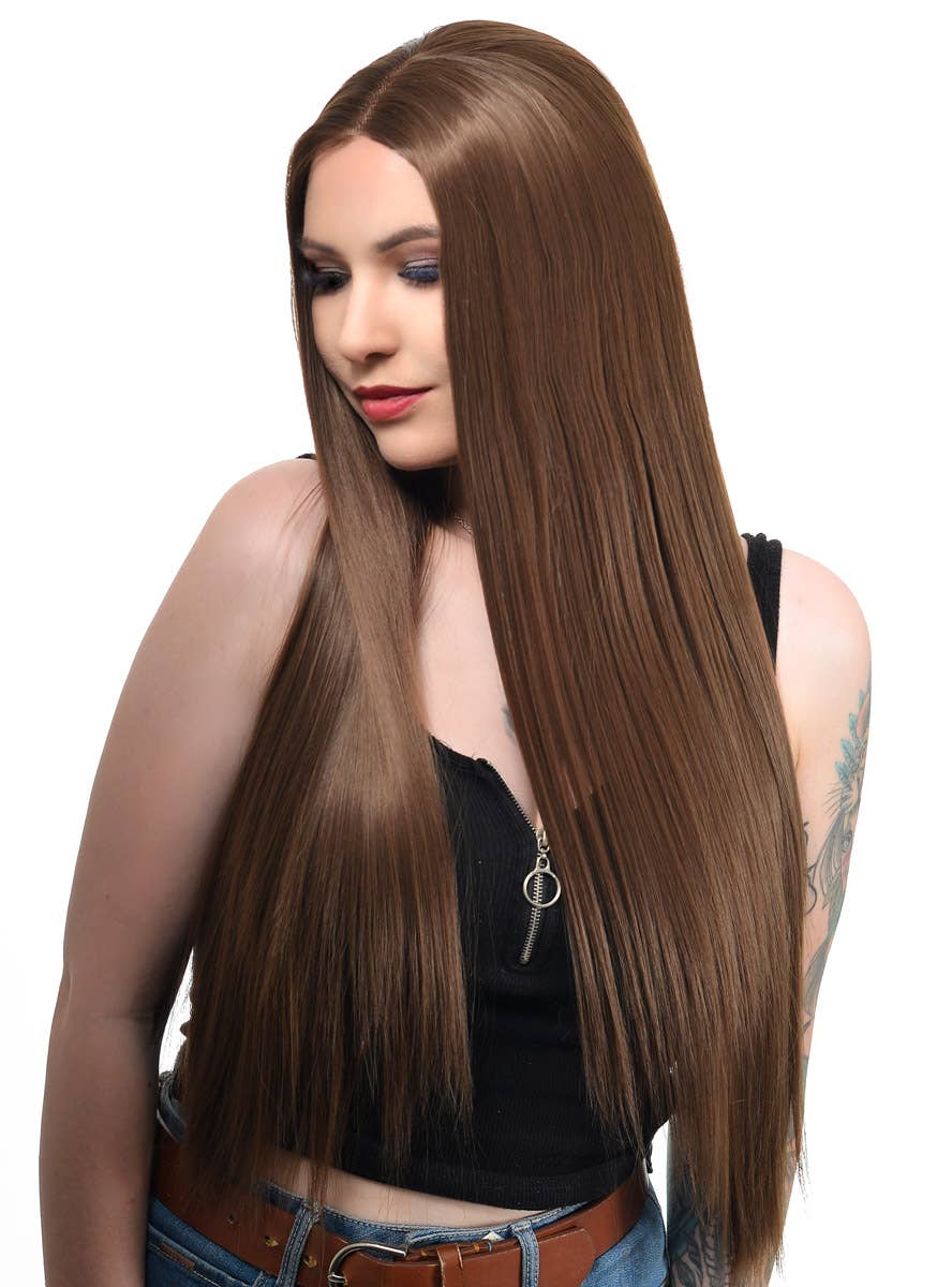 Womens Extra Long Chocolate Brown Straight T-Part Lace Front Fashion Wig - Side Image