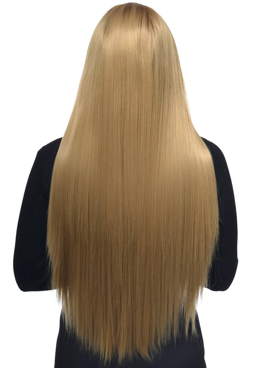 Extra Long Womens Dark Blonde Straight T-Part Lace Front Wig with Dark Roots - Back Image