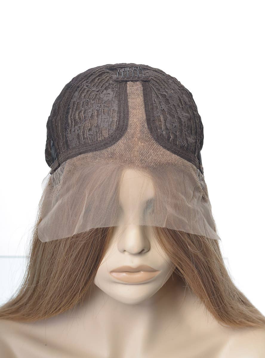 Mid Length Womens Medium Blonde Straight Blunt Cut T-Part Lace Front Fashion Wig - Inside Cap Image