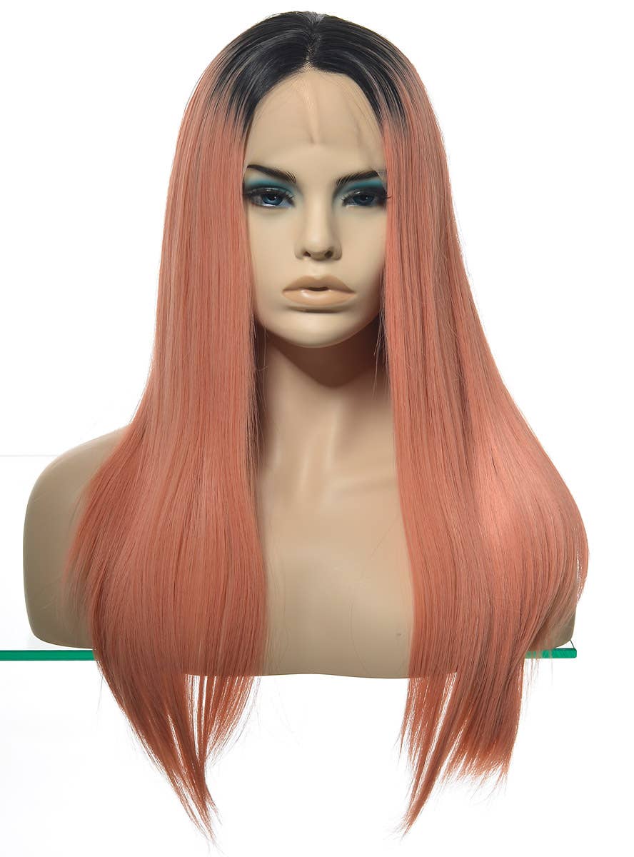 Womens Peach Pink Long Straight Synthetic Fashion Wig with Dark Roots and T-Part Lace Front - Front Dummy Image