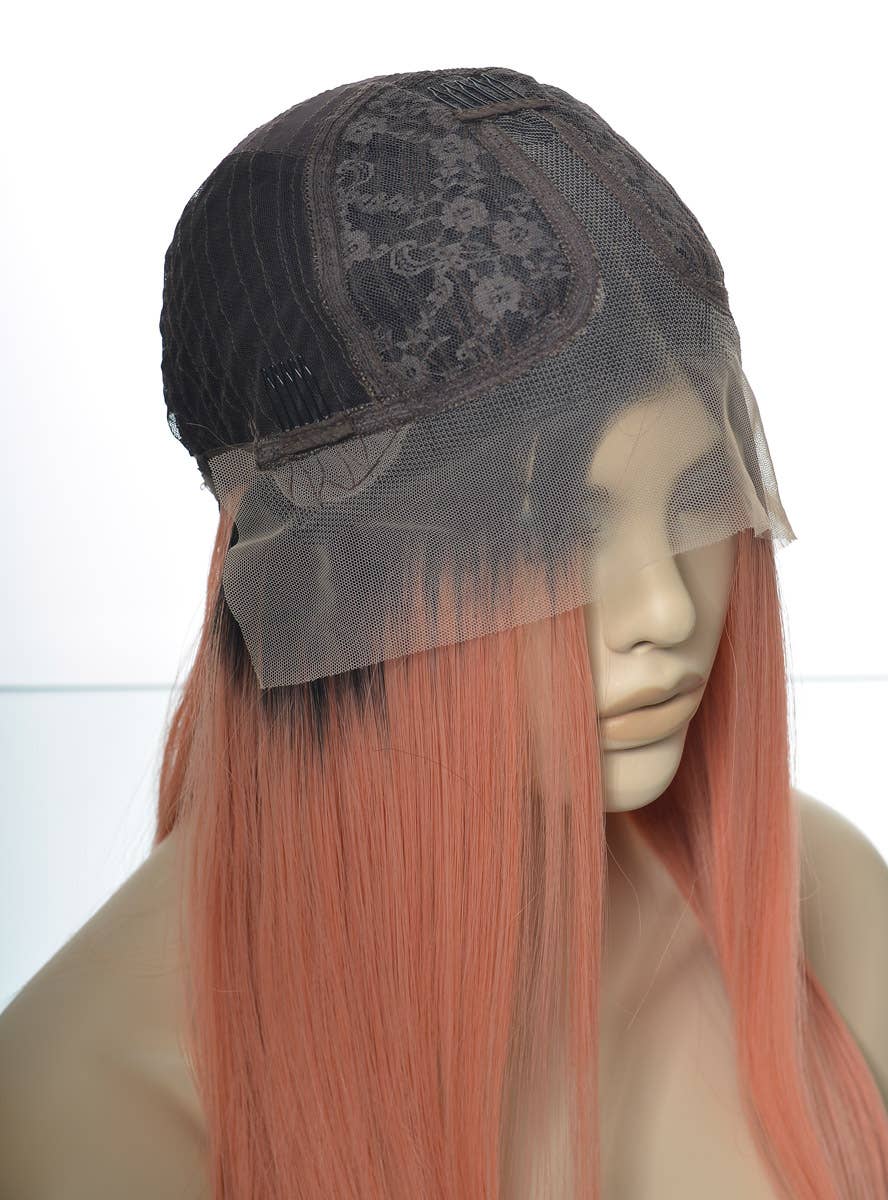 Womens Peach Pink Long Straight Synthetic Fashion Wig with Dark Roots and T-Part Lace Front - Inside Cap Image