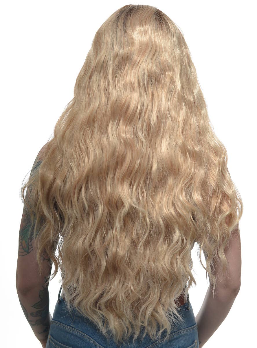 Long Dirty Blonde Naturally Wavy Synthetic Fashion Wig with Brown Roots and Lace Front - Back Image