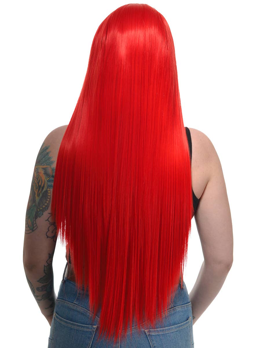 Extra Long Womens Bright Red Straight Synthetic Fashion Wig with Lace Front - Back Image