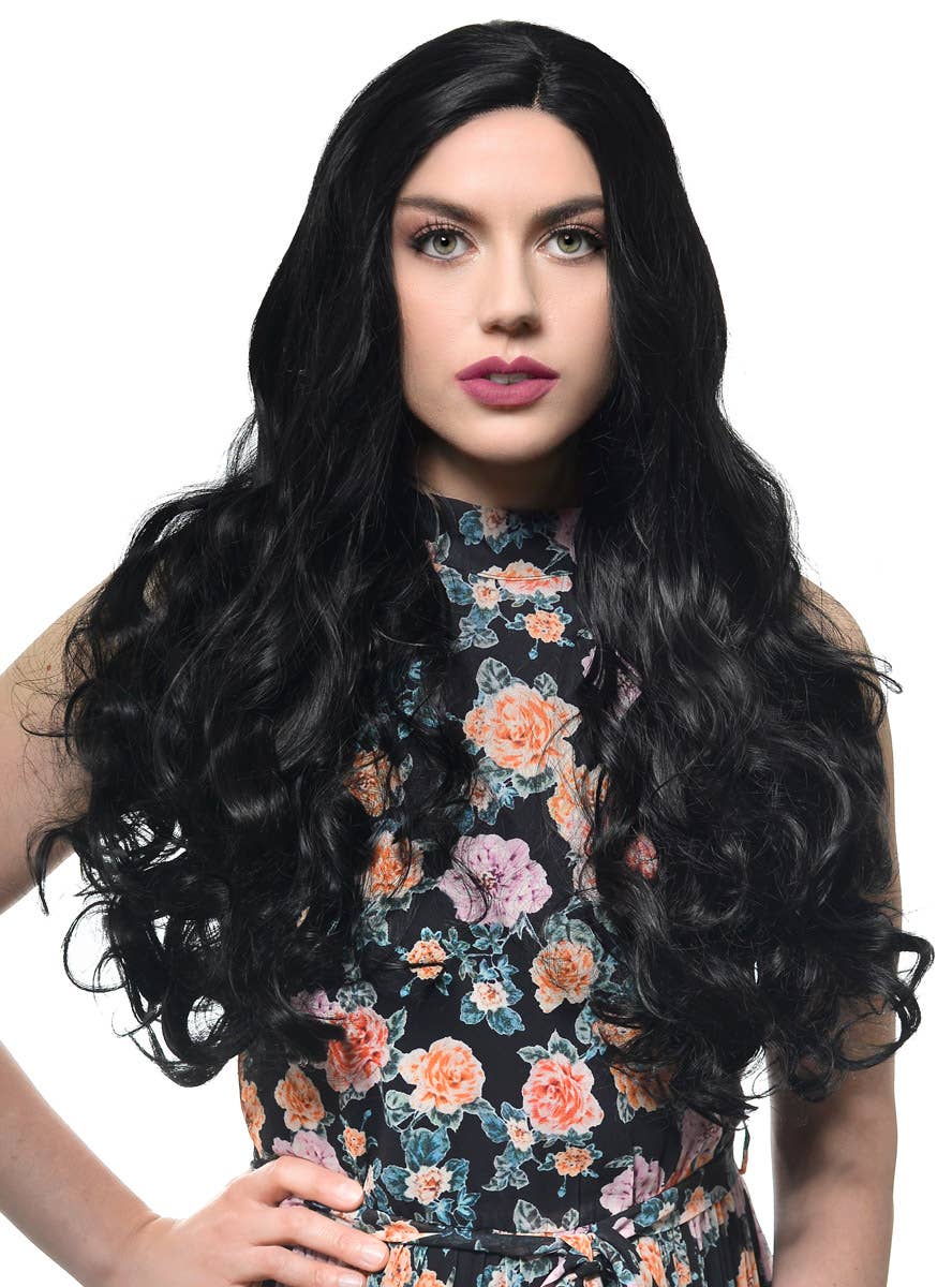 Women's Long Curly Black Synthetic T-Part Lace Front Fashion Wig - Front Image