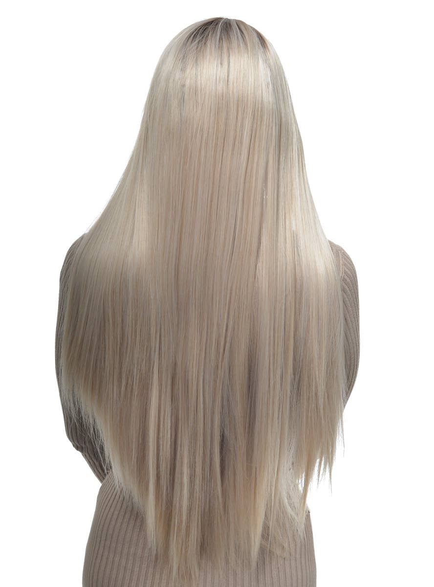 Womens Extra Long Ash Blonde Rooted Straight Synthetic Fashion Wig with Lace Front - Back Image